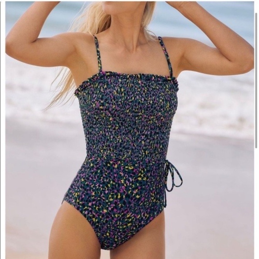 Anthropologie Evie‎ Smocked One Piece Swimsuit XL Multicolor Animal Print Ruffle